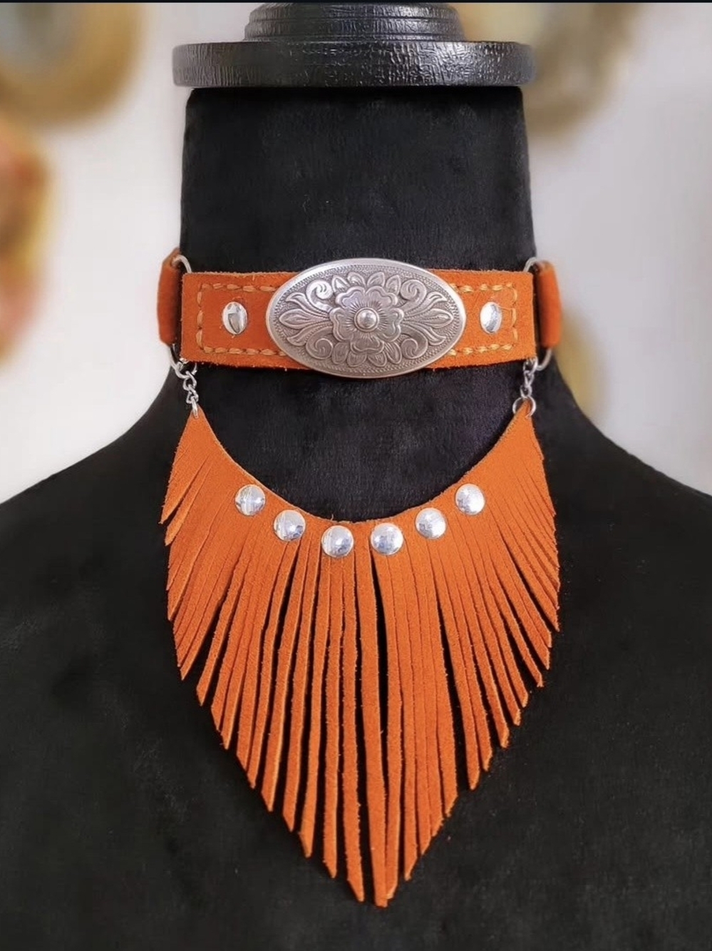 Boho Orange Fringe Western Choker Necklace